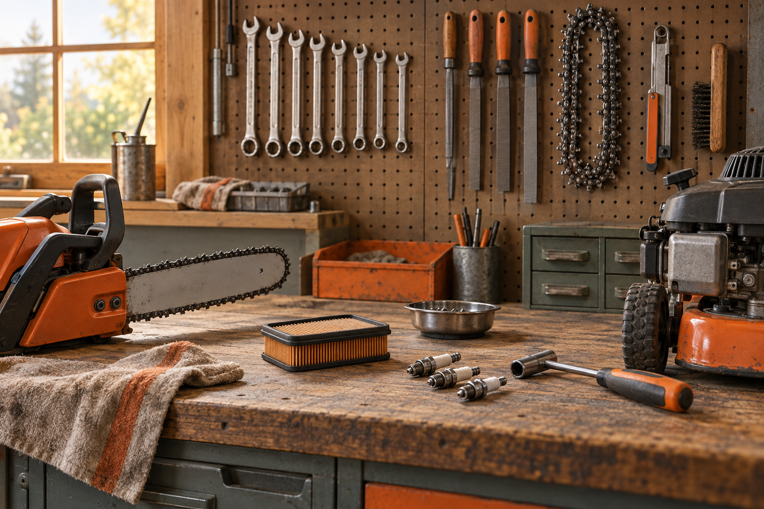 Saw chain, files and spark plugs laid out on a repair bench